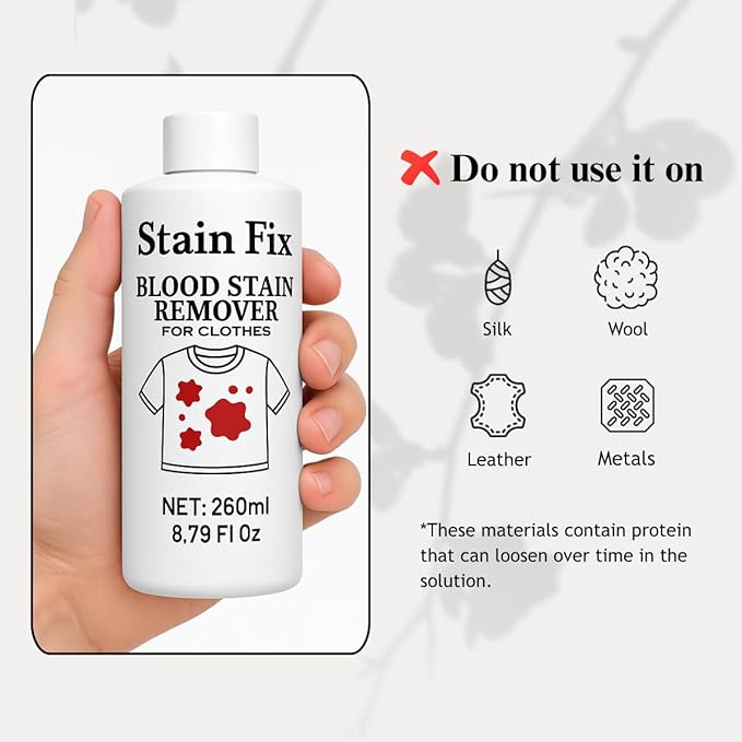 Blood Stain Remover for Clothes (8.79oz) - Removes Blood & Period Stains from Clothes, Mattress & Sheets - Enzyme Formula for Fresh & Dried Stains