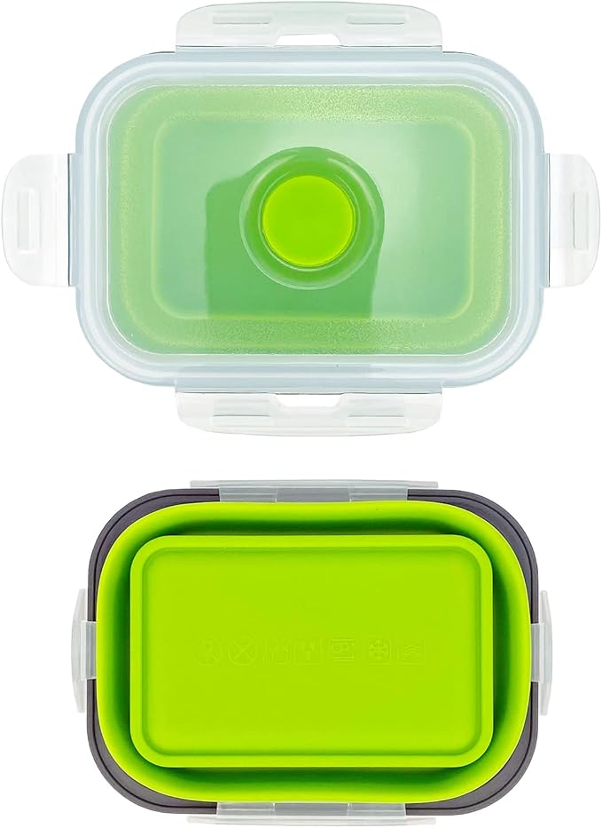CCyanzi 3-Piece Collapsible Food Storage Containers with Lids, Silicone Lunch Container, Microwave & Freezer Safe, Space Saving for Kitchen Cabinet and Camping Backpack (Green Gray)