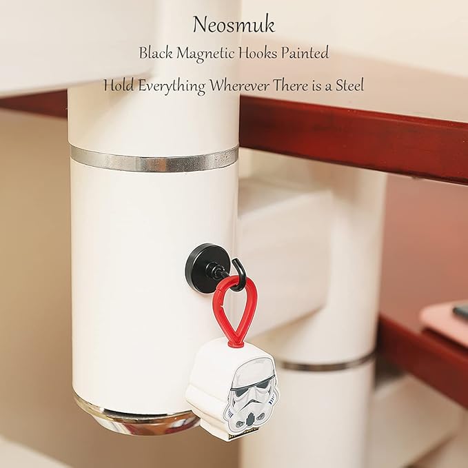 Neosmuk Magnetic Hooks Heavy Duty, 10lb Strong Magnet with Hook for Fridge, Super Neodymium Extra Strength Industrial Hooks for Hanging, Magnetic Hanger for Toolbox, Cruise, Grill (Matte Black, 6 Pack)