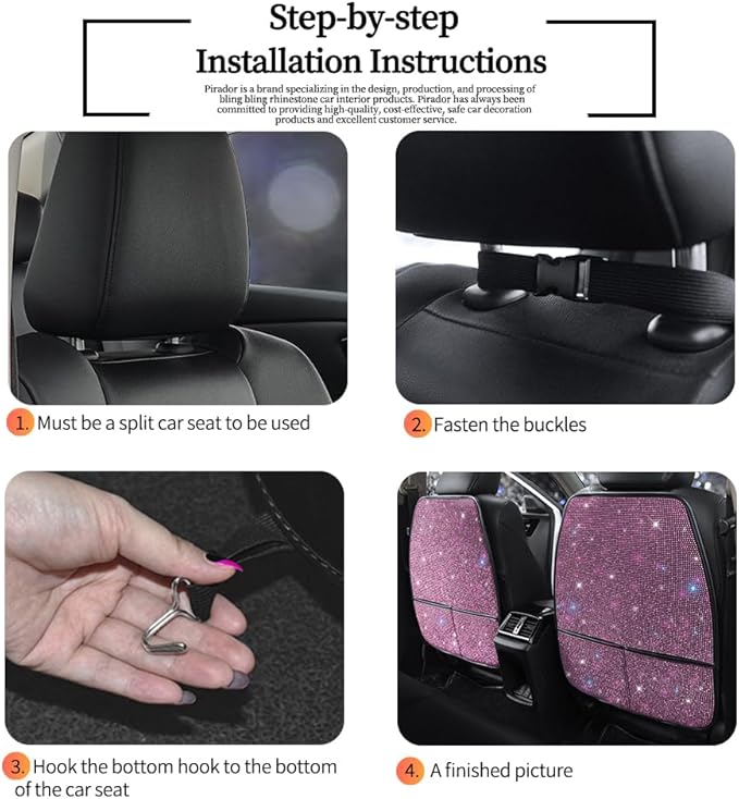 Pirador Bling Kick Mats for Car Seats with Pockets – Crystal Diamond Protectors for Girls & Women, Easy-to-Install Backseat Kick Mats with Storage & Sparkling Rhinestones Pink 2pcs