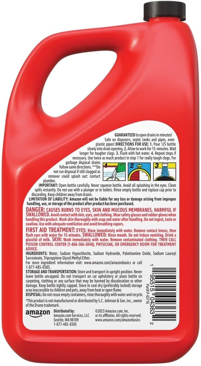 Amazon Basics Max Strength Drain Cleaner Gel, Hair Clog Remover, Dissolves Grease, Safe on All Pipes, 80 Fl Oz