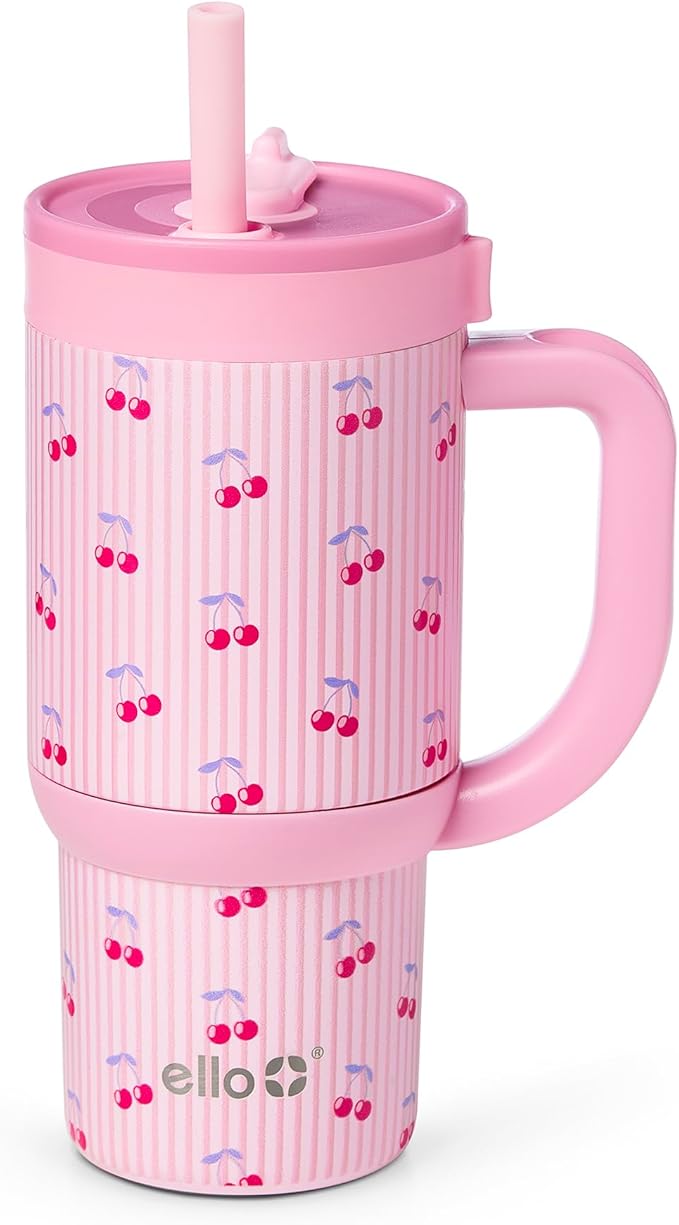Ello Oasis 14oz Stainless Steel Toddler Tumbler with Handle & Retracting Straw, 100% Leakproof, Double-Wall Vacuum Insulated, Kids Water Bottle for School, BPA Free, Dishwasher Safe, Preppy Cherries