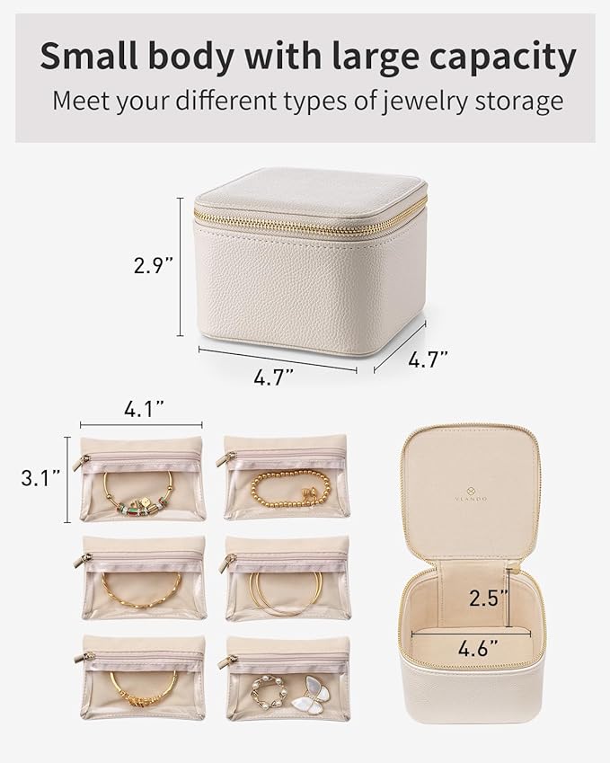 Vlando Jewelry Travel Case,Travel Jewelry Organizer with Clear Velvet Jewelry Bags 6Pcs Zipper Pouch for Women Girl Birthday Gift-White