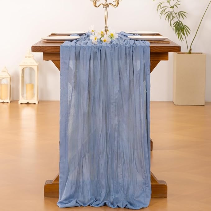 Socomi 15pcs Dusty Blue Summer Cheesecloth Table Runner Boho Rustic Gauze 120 inch 10FT Cheese Cloth Sheer Runner for Wedding Party Baby Shower Birthday Home Decor Holiday Decorations