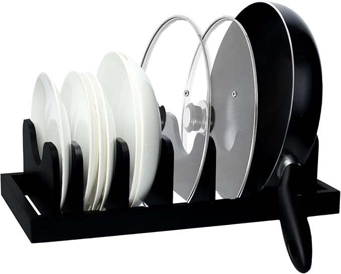 MinBoo Bamboo Pot Lid Organizer Pot Lid Holder, Pot and Pan Organizer Drawer Organizer for Pot Lids, Pans, Cutting Boards & Baking Sheets, Dinner Plates, Reusable Containers in Cabinet Storage, Black