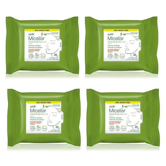 Epielle Micellar Makeup Remover Wipes, Gentle & Hydrating Daily Facial Cleanser Towelettes, Remove Waterproof Mascara, Hypoallergenic & Alcohol-Free, Stocking Stuffers, 30 Count (Pack of 4)