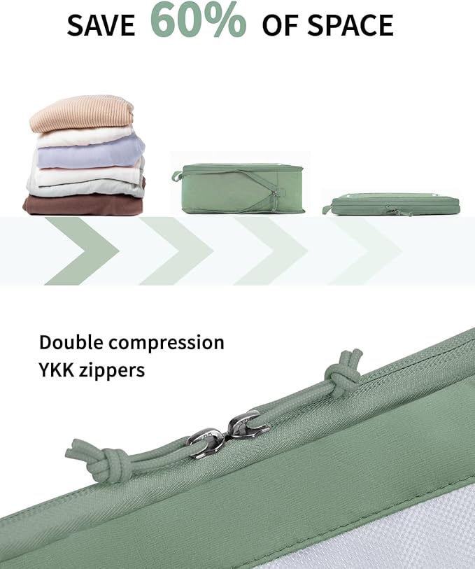ECOHUB 5 Set Compression Packing Cubes for Suitcases Organizer Bags Set Travel Essentials with Shoe Bags for Travel Tear-resistant Travel Accessories with ID Tag Expandable Packing Bags (Green)