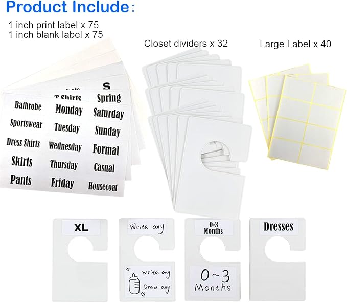 16 Pack White Clothing Rack Size Dividers Plus 60 Labels (1 Inch) and 16 Large Blank Labels, Large Rectangular Clothing Closet Dividers (Pearl White)