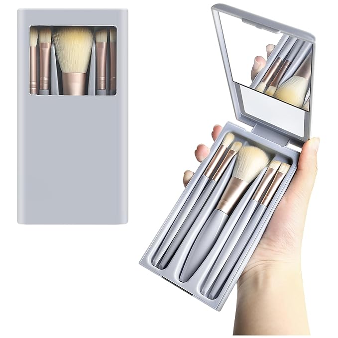 Travel Makeup Brush Set, Portable 5 PCS Mini Makeup Brushes with Mirror, Easy-taken Makeup Tool Set for Eyeshadow, Contour, Blush, Complete Function Cosmetic Profesional Tools (Blue)