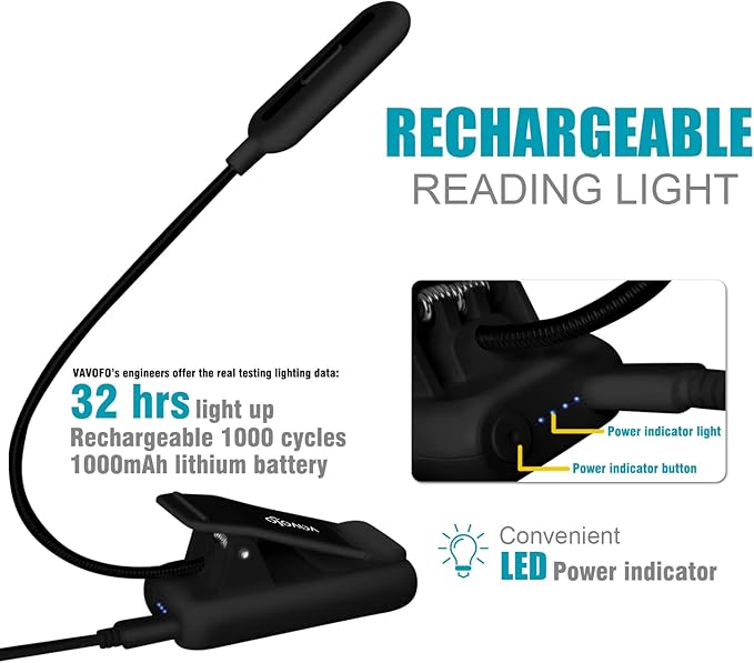 VAVOFO Rechargeable Reading Light, 7 LEDs with 9 Color Temperature 9 Brightness Levels Clip On Book Light for Reading in Bed with Power Indicator for Bookworms (Black)