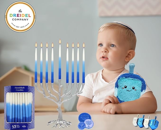 The Dreidel Company Premium 1-Hour Burn Time Tapered Hanukkah Menorah Candles Tri Color,Blue, and White, Candles for All 8 Nights of Chanukah