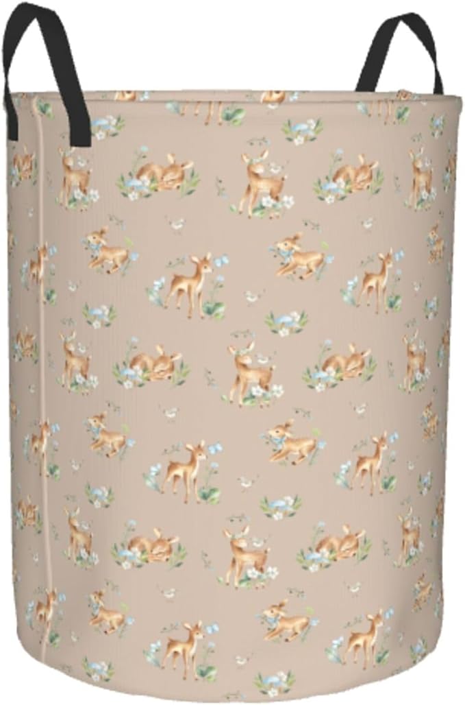 Watercolor Baby Deers Animal Round Laundry Hamper Storage Basket Toys Clothes Organizer Bin For Home Bathroom Bedroom Dorm Nursery, 62l