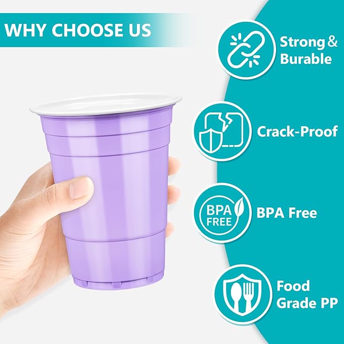LANLISA 100 Lavender Plastic Cups, 16 oz Disposable Cups, Drinking Cups For Party Supplies