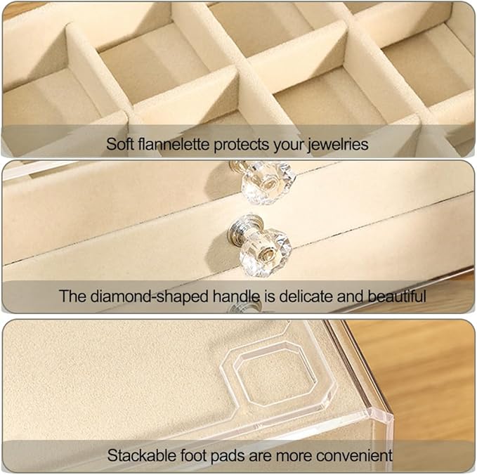 SPAKOWN Earring Box Holder Organizer Display Case, Clear Velvet Jewelry Storage Tray Organizer for Earring Ring Stud (Beige - 3 Drawers)