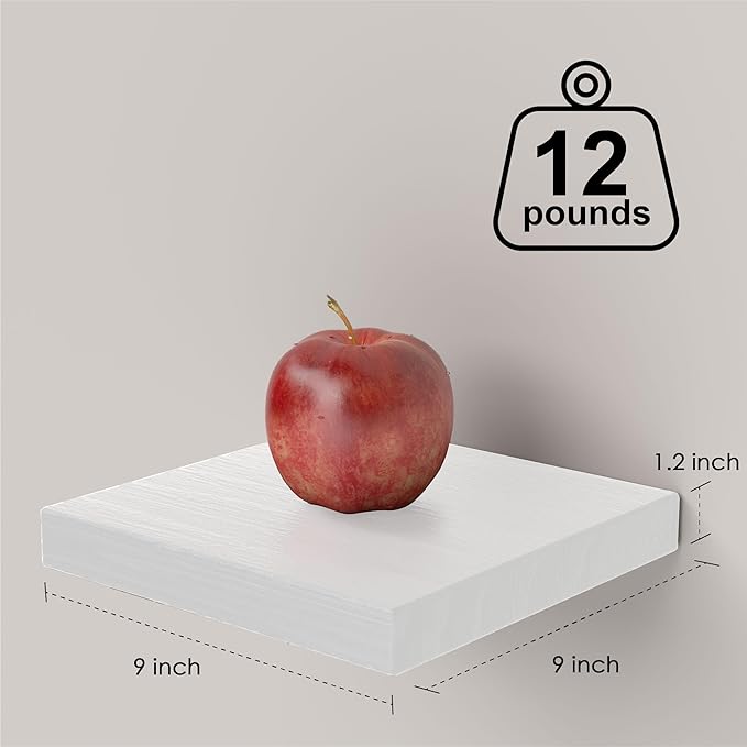 Small Floating Shelves for Wall - 9 Inch Square White Shelves for Bedroom, Living Room, Bathroom, Kitchen, Office Decor Set of 3,