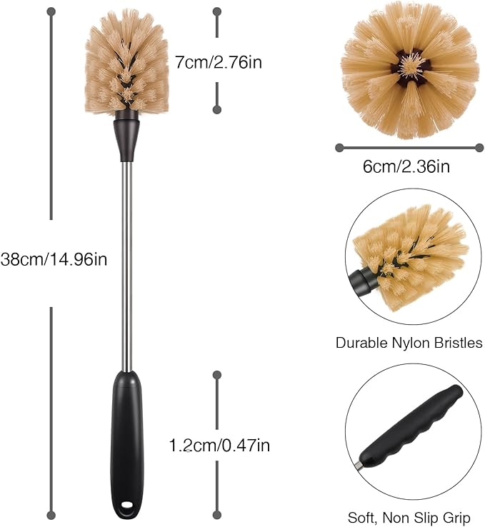 2 Pack Water Bottle Brush, 15-inch Long Handle Cleaning Brush, Kitchen Scrubber, Bottle Brush Cleaner, Suitable for Water Bottles, Cups, Glasses, Baby Bottles, Wine Glasses, Brown