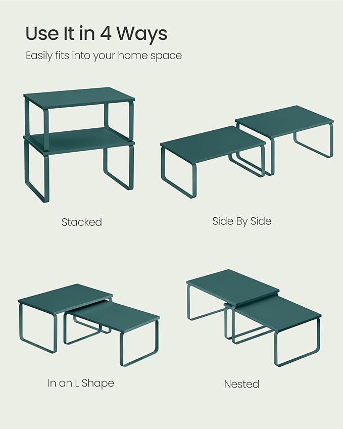 SONGMICS Cabinet Organizer Shelf, Set of 2 Kitchen Counter Shelves, Kitchen Storage, Spice Rack, Stackable, Expandable, Metal and Engineered Wood, Marrs Green UKCS002C02