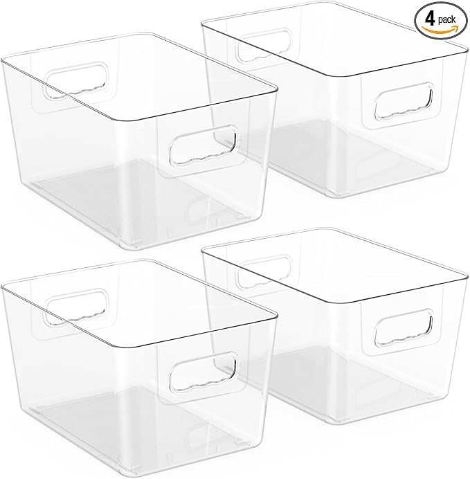 BALEINE Clear Plastic Storage Bins, Pantry Organization, BPA Free Stackable Refrigerator Organizers and Storage with Handles for Kitchen Fridge Cabinet Bathroom (4PK, 9.5x5.5x4.5)