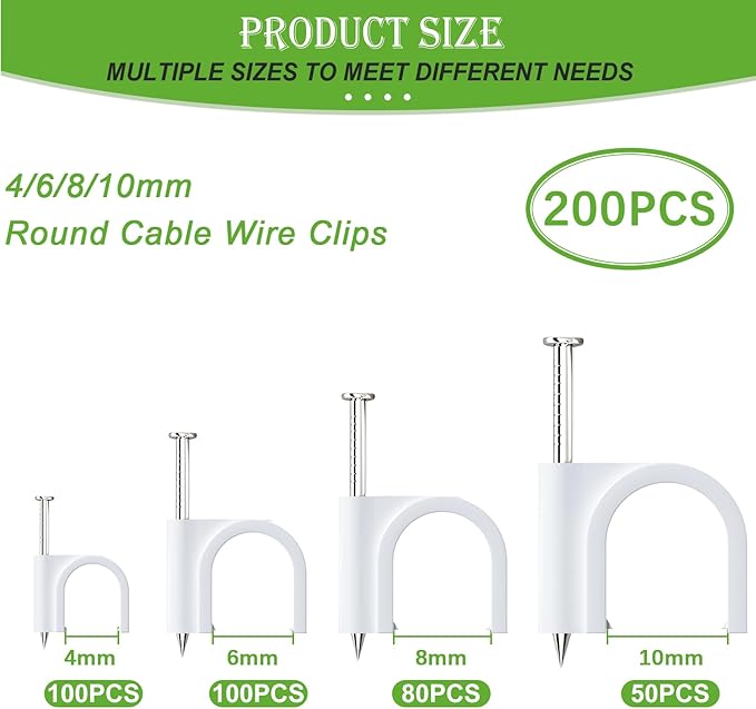 mxuteuk 200PCS Cable Clips with Steel Nails, 4/6/8/10mm Round White Cable Wire Clips, Wall Clips for Cords, Cable Cord Clips for RG6 RG59 CAT6 RJ45