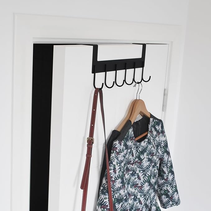 UDENIS Over The Door Hooks, Over The Door Hanger, Heavy Duty Metal Over The Door Towel Rack, Door Hooks for Hanging Coat, Towel, Bag, Robe - 6 Hooks(Matte Black 2Pcs)