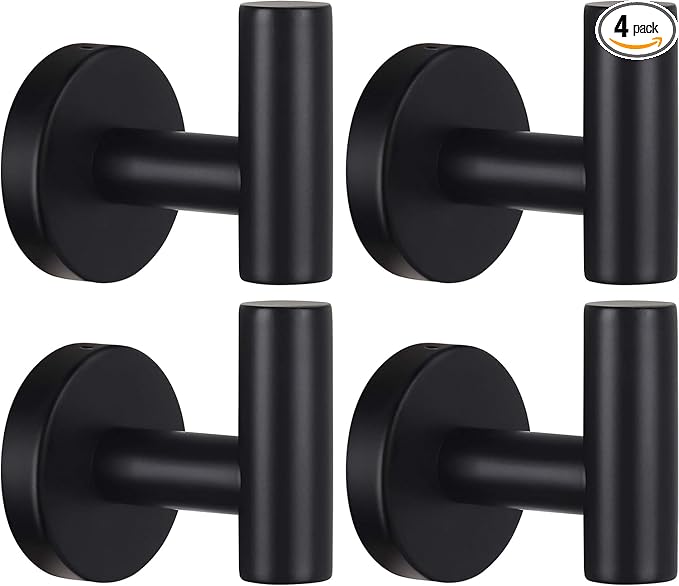 Kruodop Towel Hooks for Bathroom, 4 Packs Wall Mount Towel Holder, Black Matte Wall Robe Hook, Stainless Steel Heavy Duty Door Hanger Towel Hook for Kitchen, Bedroom, Hotel, Pool, Coats - Black