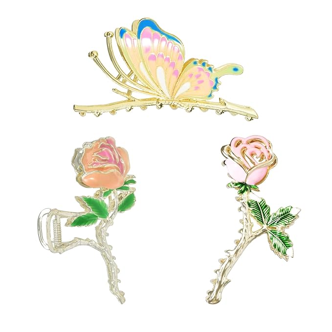 3-Piece Floral Metal Hair Accessories: Butterfly Chinese Rose Claw Clips for Thin/Medium Thick Hair, Elegant Barrettes With Strong Hold and Non-Slip Cute Catch Clamps