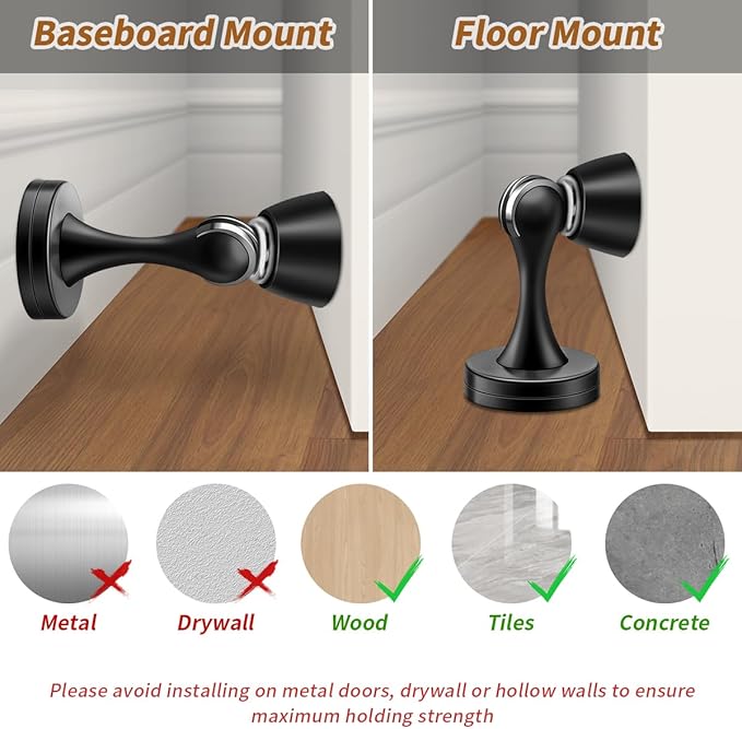 KOLAKO Door Stopper, Magnetic Door Stops, Brushed Satin, 2 Pack Black Magnetic Door Catch Holder to Keep Door Open, Stainless Steel Wall Floor Mounted Doorstop Without Adhesive Tape