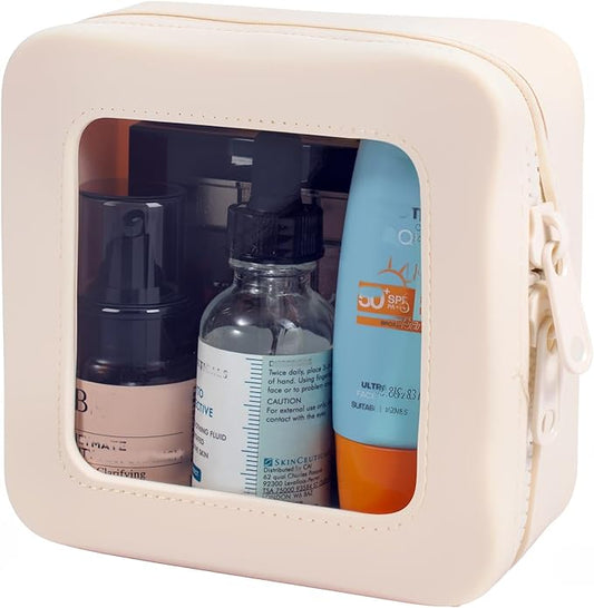 Small Clear Makeup Bag for Women, Mini Silicone Pouch Travel Cosmetic Case Waterproof Clear Make Up Pouch with Zipper Cute Toiletry Bags for Traveling Car Organizer Mini Travel Essentials (Beige)