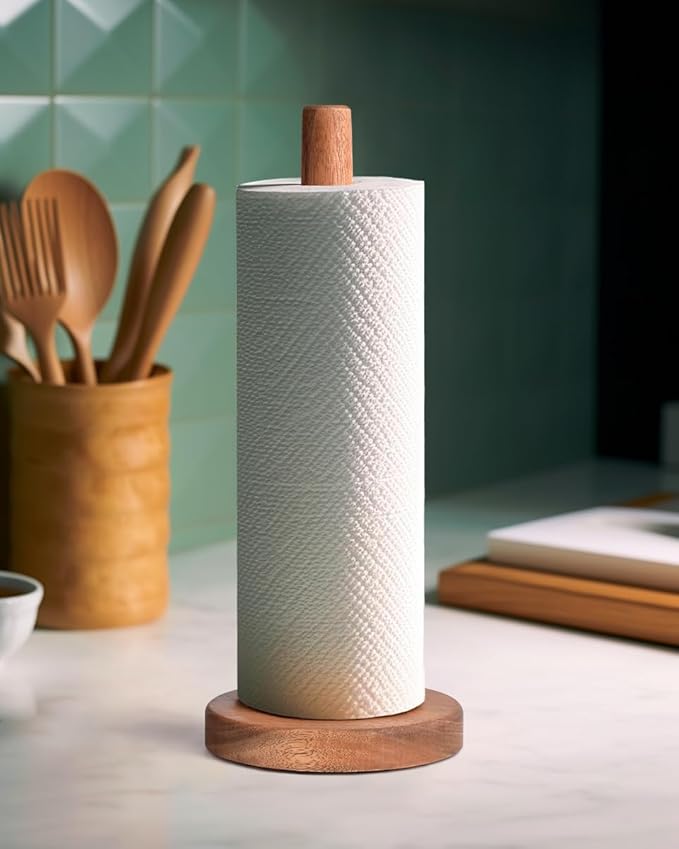 KitchLife Acacia Wooden Paper Towel Holder Countertop - Freestanding Paper Towel Dispenser Stand Organizer with Anti-Skid Base