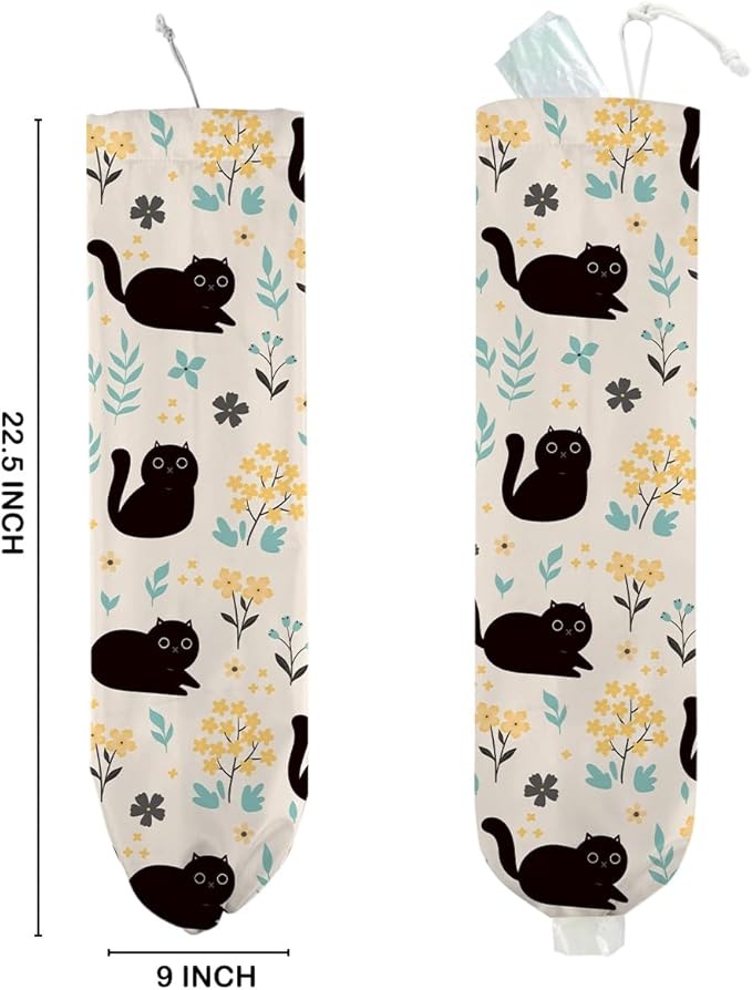 Cute Cat Plastic Bag Holder, Vintage Floral Plastic Bag Holders for Grocery Bags, Washable Grocery Bag Storage Dispenser for Home Kitchen Pantry Decor, Cat Lover Gifts for Women, 22.5x9 Inch