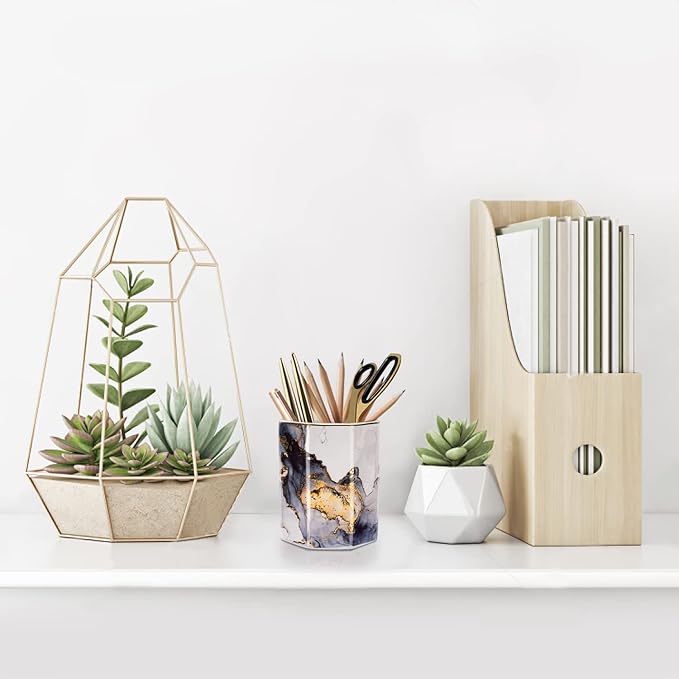 WAVEYU Ceramic Pen Holder for Desk Cute, Pencil Cup Pot Desk Organizer, Makeup Brush Holder for Women, Men, Kids, Desk Marble Decor for Office, Classroom, Home, Gray Golden