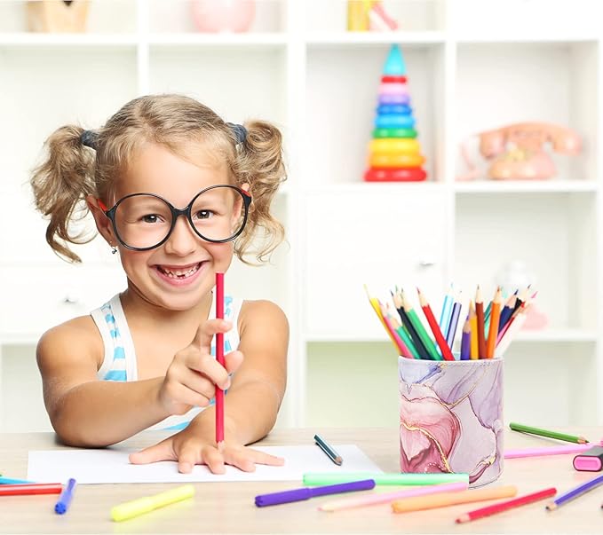 WAVEYU Pen Holder for Women Girls, Pencil Cup Pink Desk Decor, Makeup Brush Holder Large Pu Leather Multi-Functional Organizer Cup for Office, Classroom, Home, Colorful Marble