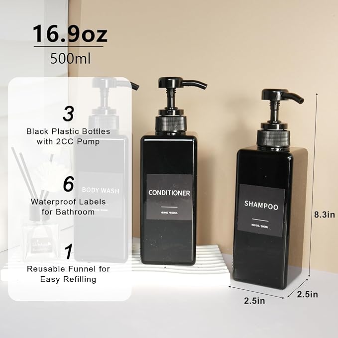 Shampoo and Conditioner Dispenser, Refillable Plastic Shampoo Pump Bottles with Waterproof Labels, Empty Body Wash Dispenser Set for Bathroom, Shower Soap Bottles (Black, Set of 3, 16.9oz)