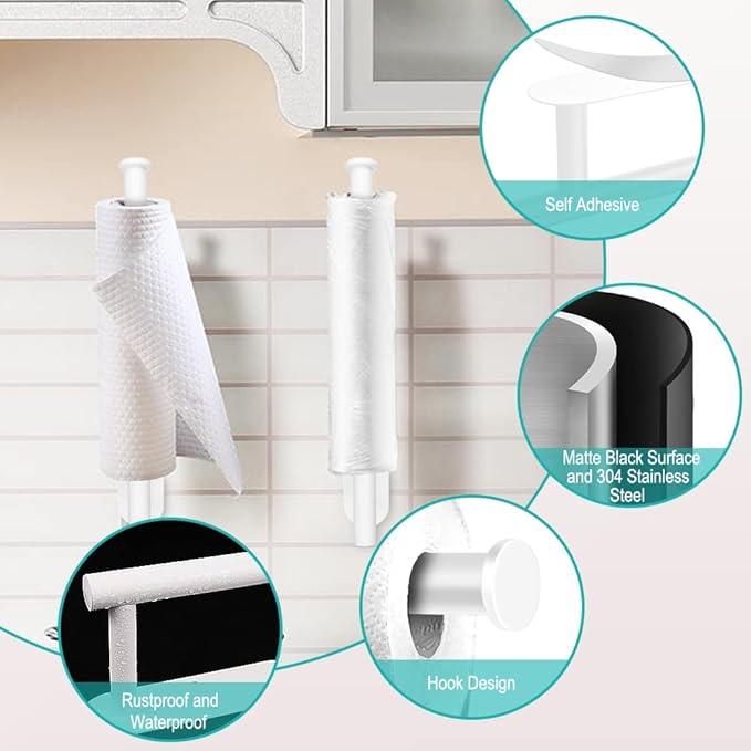 MGahyi Paper Towel Holder Wall Mount, Self Adhesive Or Drilling Paper Towel Holder Under Cabinet, 13.2 inch Stainless Steel Kitchen Paper Towel Roll Rack, Bathroom Towel Roll Hanger(Rectangle-White)