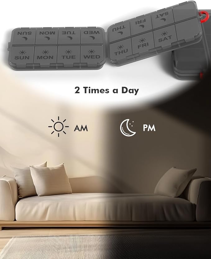 Pill Organizer Medicine Organizer Travel Essentials - Weekly Medicine Dispenser with Etched Labels, 7 Day AM PM Dispenser, Travel Pill Box, Foldable Medicine Case