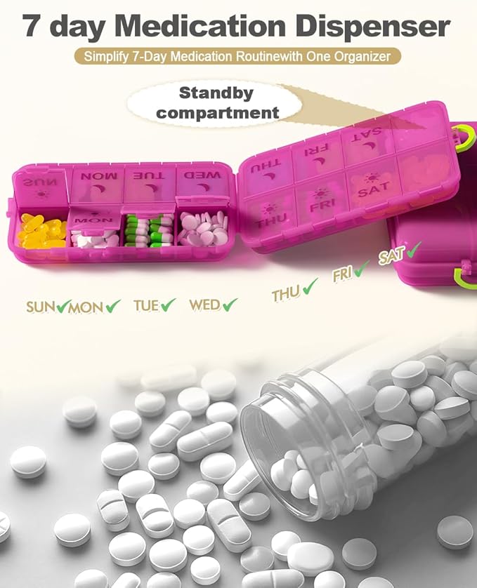 Pill Organizer Medicine Organizer Travel Essentials - Weekly Medicine Dispenser with Etched Labels, 7 Day AM PM Dispenser, Travel Pill Box, Foldable Medicine Case