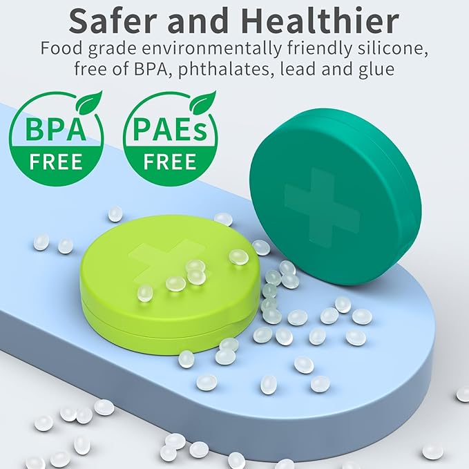 2 Pack Small Pill Box,3 Compartment Round Silicone Travel Pill Box for Purse Pocket, Waterproof Portable Compact Medicine Holder for Vitamin, Cod Liver Oil, Supplement(Green+Teal)