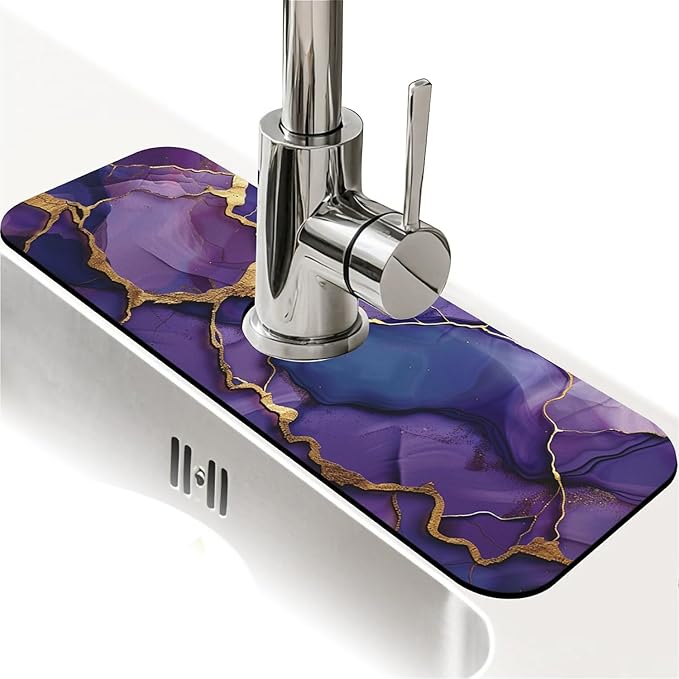 Kitchen Sink Splash Guard，Deep-purple gold marble Faucet Mat Sink Gadgets-Super Absorbent Fast Drying Mat Drip Catcher for Kitchen, Bathroom,Sink Mat, Dish Drying Mat, Bathroom(15" X 5.5" )