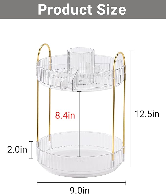 360 Rotating Makeup Organizer, 2 Tier Large Capacity Make Up Organizers and Storage, Skincare Perfume Vanity Organizers, Bathroom Cosmetics Storage Organizer Countertop (Clear)