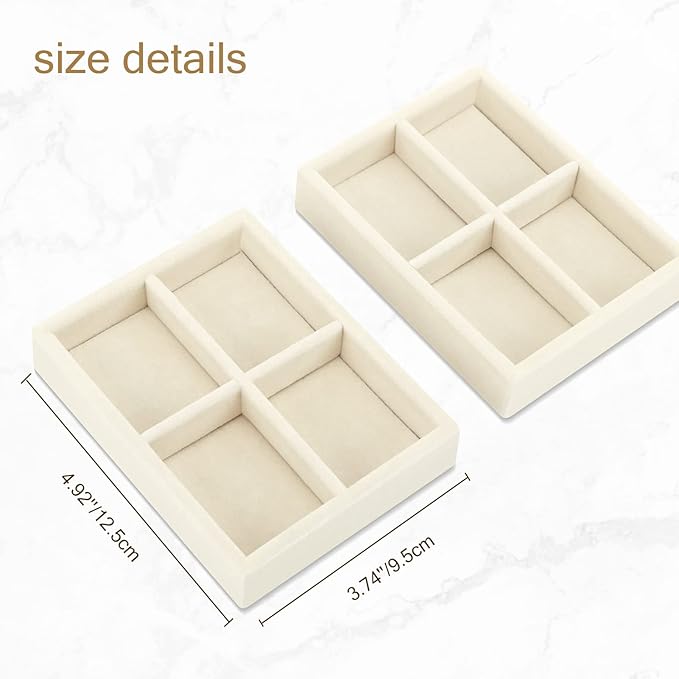 DesignSter Small Jewelry Tray-Ring Organizer 2PCS Premium Velvet Rings Earrings Display Tray Storage Insert Holder for Jewelry Box, Drawer, Dresser (4 Grids, Beige)