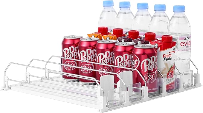 Drink Organizer for Fridge - White Automatic Pusher Glide, 12oz 16oz 20oz - Soda Dispenser for Fridge - Holds up to 25 Cans