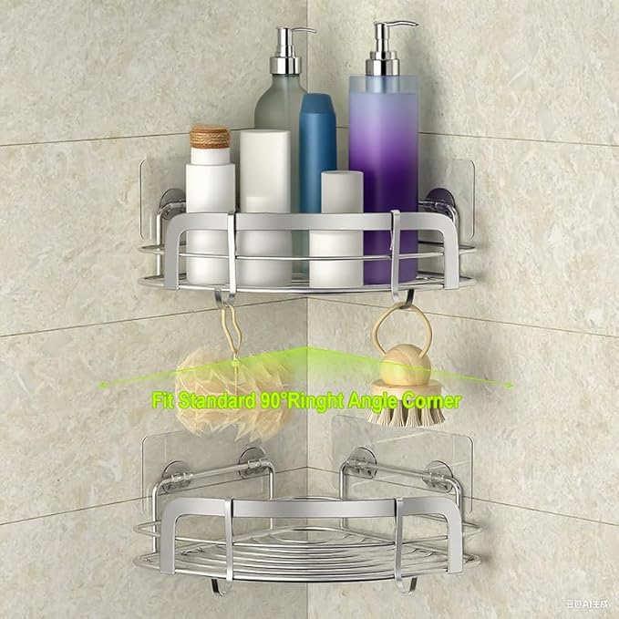 STEUGO 2 Pack Shower Caddy Corner, Bathroom Corner Shower Shelves, Adhesive Wall Mounted Shower Caddy with 4 Movable Hooks, No Drilling Shower Shelf, Stainless Steel Silver.