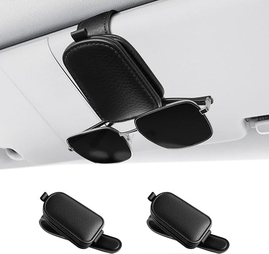 SINGARO Sunglasses Holder for Car, Leather Magnetic Buckle Sun Visor Sunglass Clip, Ticket Card Storage Glasses Clip, Car Interior Accessories for Men and Women (2PCS Black)