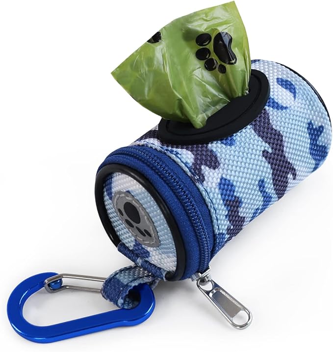 FURHAB Dog Poop Bag Holder for Leash Doggie Waste Bag Dispenser Puppy Potty Carrier Small Doggy Zipper Pouch with Carabiner Clip 1680D Nylon Oxford with 1 Roll of Pet Trash Bags, Sky Blue Camo