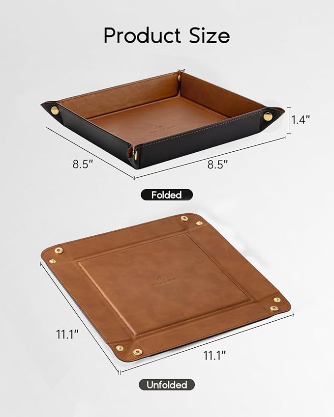 Valet Tray for Men Women, Nightstand Organizer Vanity Catchall Holder for Dresser Desk Storage Bedside, Travel PU Leather Jewelry Key Bowl Coin Watches and Candy Entryway Tray - Large, Light Brown