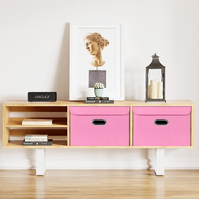 Linen Fabric Foldable Collapsible Storage Cube Bin Organizer Basket Fabric Storage Bins with Lid, Leather Handles, Removable Divider for Home, Closet, Pink 3Pcs