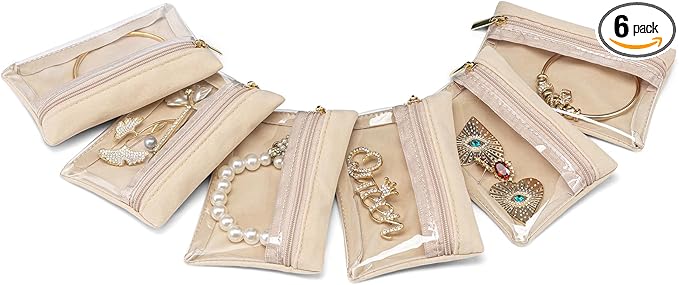 Vlando 6 Pcs Travel Jewelry Organizer Velvet Jewelry Pouch with Zipper Clear Travel Jewelry Bag for Travel Business Trip Jewelry Pouch for girls Mothers Day Gifts for Mom