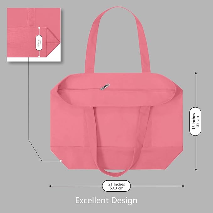 TOPDesign 3-Pack Canvas Tote Bags with an External Pocket, Reusable Grocery Shopping Bags, Top Zipper Closure, Daily Essentials (Rose Pink)