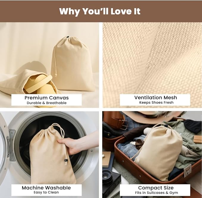 LFH Cotton Shoe Storage Bags with Drawstring, Dustproof Breathable Reusable Organizer, Perfect For Travel, Dorm, Hotel, College, Gym, Easy to Carry, 8"x17" (Pack of 2) - Natural Thanksgiving