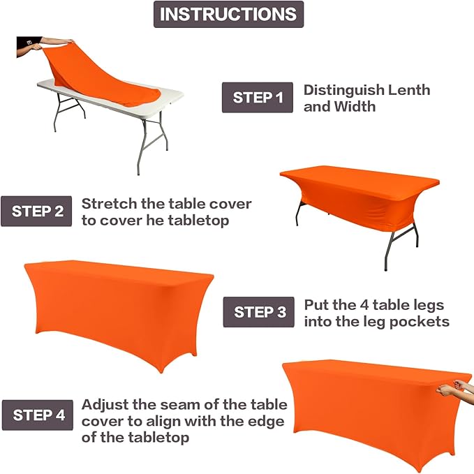 IVAPUPU 2 Pack 4FT Table Cloth for Rectangular Fitted Events Stretch Orange Table Covers Washable Cover Spandex Tablecloth Protector for Party, Wedding, Cocktail, Banquet, Festival